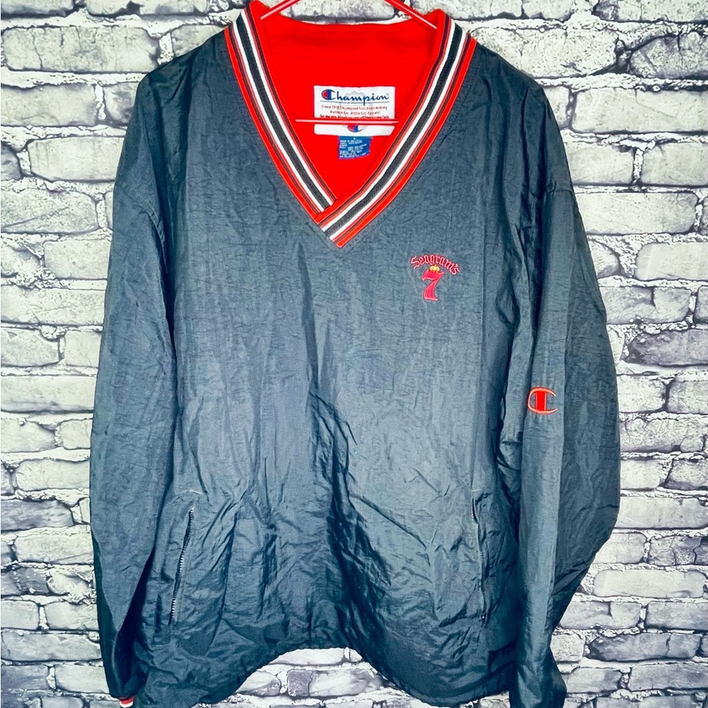 Vintage Champion V-Neck Pullover Windbreaker Men’s Medium Black/Red Seagram's 7